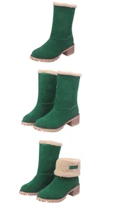 Green two-way mid-calf suede snow boots with white faux fur lining and chunky heels