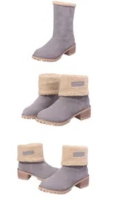 Grey suede-like snow boots with cream fleece lining in tall and folded styles
