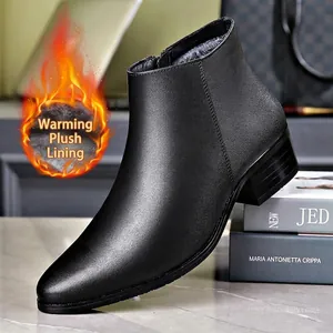 Men's Genuine Leather Chelsea Boots British Vintage Side Zipper Martin Short Boots Warm Plush Lining Non-slip Rubber Sole Casual Pointed Toe Dress Shoes