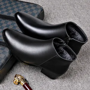 Premium men's black leather Chelsea boots with thick warm fur lining and side zipper