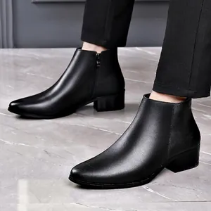Men's premium black leather Chelsea boots with warm lining and convenient side zipper