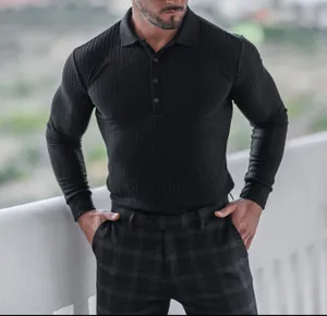 Men's slim fit long-sleeved ribbed polo shirt in black for outdoor fitness and leisure
