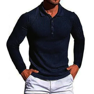 Men's long sleeve polo shirt featuring a ribbed texture and slim fit design