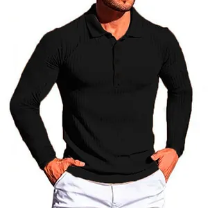 Close-up detail of a men's black ribbed long-sleeve polo shirt with vertical texture.