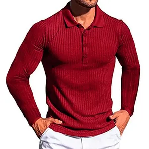 Close-up of red long-sleeved Polo shirt with ribbed vertical stripe texture