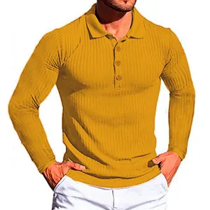 Detail view of yellow men's ribbed long-sleeve polo shirt with buttoned collar