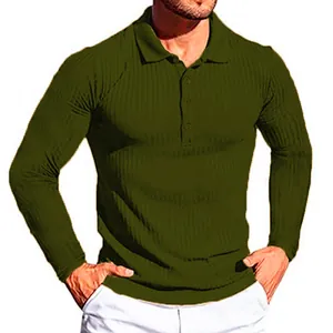 Detail of men's olive green long-sleeve polo shirt featuring a vertical ribbed texture.