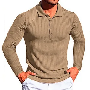 Men's khaki long sleeve polo shirt with vertical ribbed texture and slim fit design
