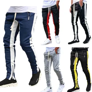 Men's slim fit jogger pants with side stripes and zipper pockets in multiple colors