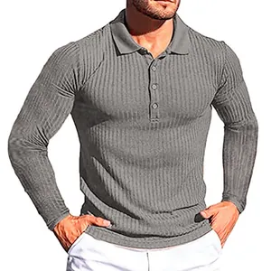 Close-up detail of men's grey vertical ribbed long-sleeve polo shirt with buttons