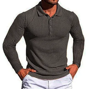 Men's vertical ribbed long-sleeved polo shirt with three-button placket and slim fit