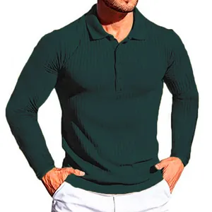 Close-up of men's dark green long-sleeve polo shirt with ribbed texture details