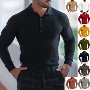 Men's slim fit ribbed long-sleeve polo shirt in various stylish colors for casual wear.