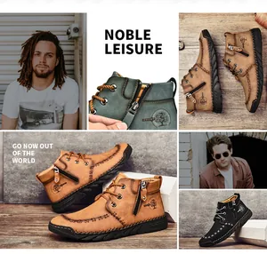 Detailed view of men's leather Martin boots with side zipper and decorative stitching
