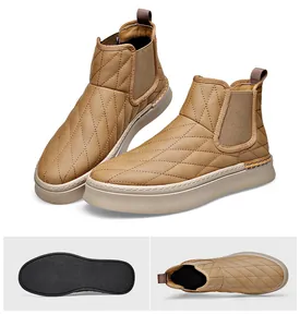 Detailed shots of the quilted stitch pattern, rubber sole and top view of tan men's leather boots