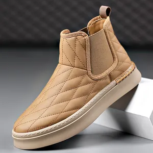 Men British Style Chelsea Boots Quilted Leather Thick Sole Winter Warm Fleece Lined Ankle Boots Slip-on Casual Fashion Outdoor Male Shoes