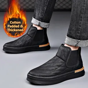 Stylish men's black quilted leather Chelsea boots with warm padded lining and thick soles