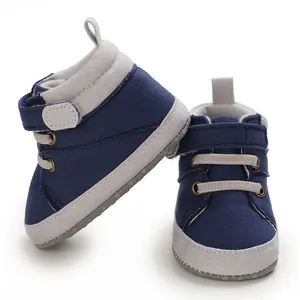 Close-up of navy blue high-top infant walking shoes with soft soles and velcro straps