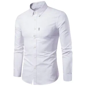 Detail view of men's slim-fit white Oxford shirt showing button-down collar and pocket.