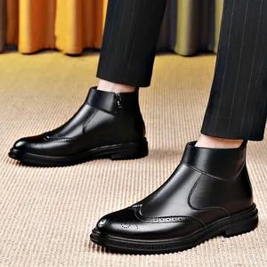 Men's Business Chelsea Boots Pointed Toe Side Zipper Brogue Carved Short Boots Fashionable Artificial PU Leather Rubber Sole Formal Shoes