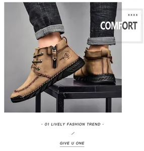 Close-up view of men's mid-top Martin boots with side zipper and rugged soles