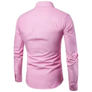 Back view of a men's slim-fit pink Oxford long-sleeved shirt with a professional look.