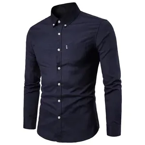 Close-up of navy blue Oxford long-sleeve shirt with button-down collar and chest pocket