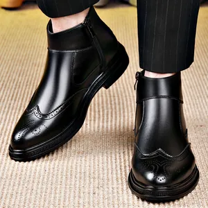Stylish black men's pointed-toe brogue leather dress boots with side zipper closure
