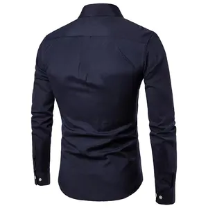 Back view of navy blue slim fit Oxford long-sleeve shirt with neat stitching detail
