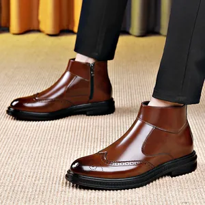 Bruine herenleren laarzen in Brogue-stijl met hoge schacht en ritssluiting aan de zijkant