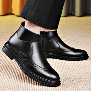 Professional black leather brogue Chelsea boots for men featuring a stylish side zipper
