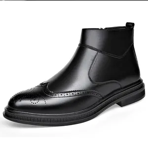Classic black men's Brogue Chelsea boots with pointed toe and side zipper