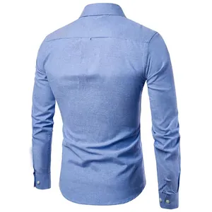 Detailed back view of a men's slim-fit long-sleeved Oxford shirt in light blue casual style
