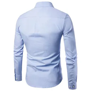 Detailed back view of a light blue slim fit Oxford long sleeve dress shirt for men