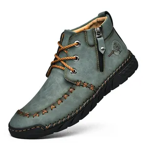 Men's vintage grey-green mid-top Martin boots with side zipper and anti-slip sole