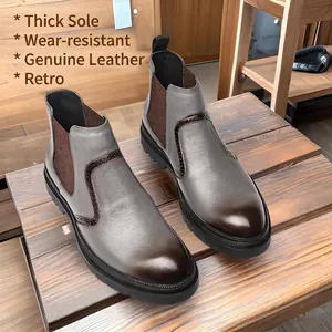 Bottines Chelsea vintage en cuir véritable pour hommes avec bout rond et semelle épaisse