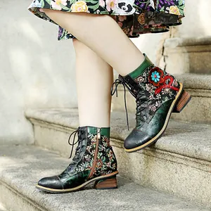 Stivaletti da Donna Retro in Pelle Strofinata a Mano Patchwork Floreale Boho Etnico con Tacco Largo Stivali da Cowboy