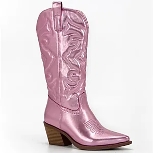 Metallic pink western cowboy boot with embroidery detail and pointed toe for women.