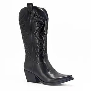 Detailed side view of black mid-calf cowboy boots with embroidery and chunky heel