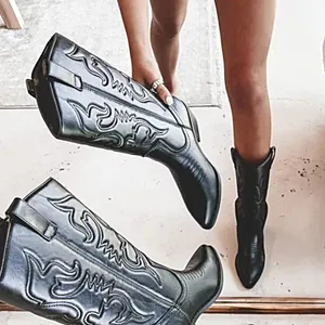 Detailed macro view showing the intricate embroidery on black western mid-calf boots