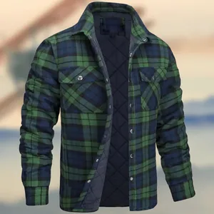 Men's green plaid flannel shirt jacket featuring a warm quilted lining and button closure