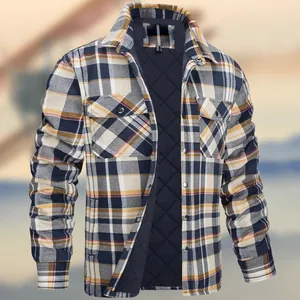 Men's plaid shirt jacket with quilted lining and button closure in khaki and navy blue