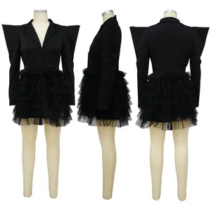 Three-angle view of a black blazer cake dress with sharp exaggerated shoulder pads