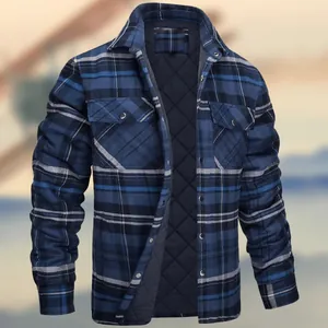 Classic men's blue and black plaid flannel jacket featuring a warm quilted lining