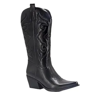 Bottes mi-mollet noires pour femmes avec broderies, bout pointu et talon bloc élégant