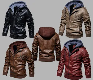 Sélection multicolore de vestes en similicuir pour hommes avec capuche détaillée.