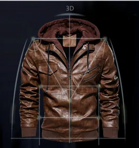 Vue détaillée d'une veste en similicuir marron avec capuche et doublure polaire.