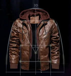 Gros plan d'une veste en similicuir marron à capuche pour homme avec une grille 3D