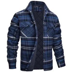 Veste-chemise en flanelle à carreaux bleus pour hommes avec doublure matelassée et poches poitrine