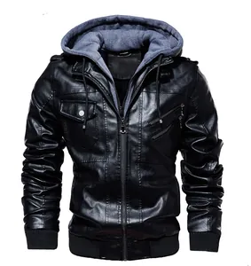 Veste élégante en similicuir noir pour homme avec capuche en polaire grise et détails zippés